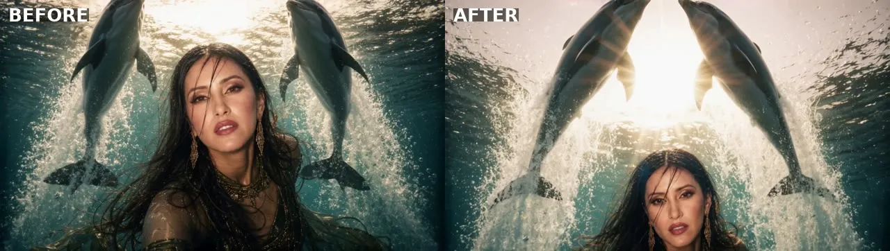 "Dolphins leap out of the water behind her." Before, nothing moved. Now they jump.