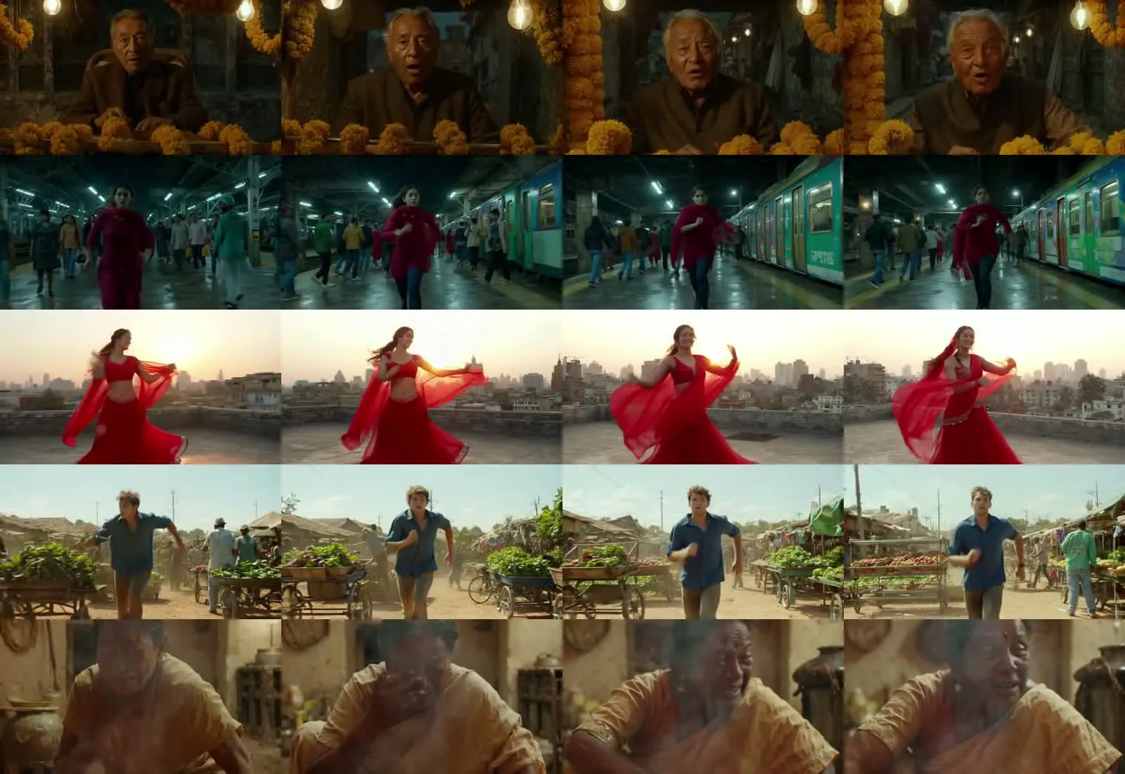 Five scenes, before (left) and after (right). The woman on the platform actually runs, the village kitchen is sharp and full of feeling, and the dupatta swirls as she dances.
