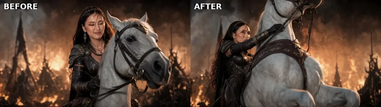 "She rears the horse up." Before, the horse just stood there. Now it rises on its hind legs, the rider in control.