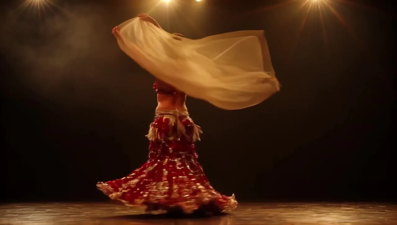 A belly dancer on a dark stage, her veil turning in the spotlight.