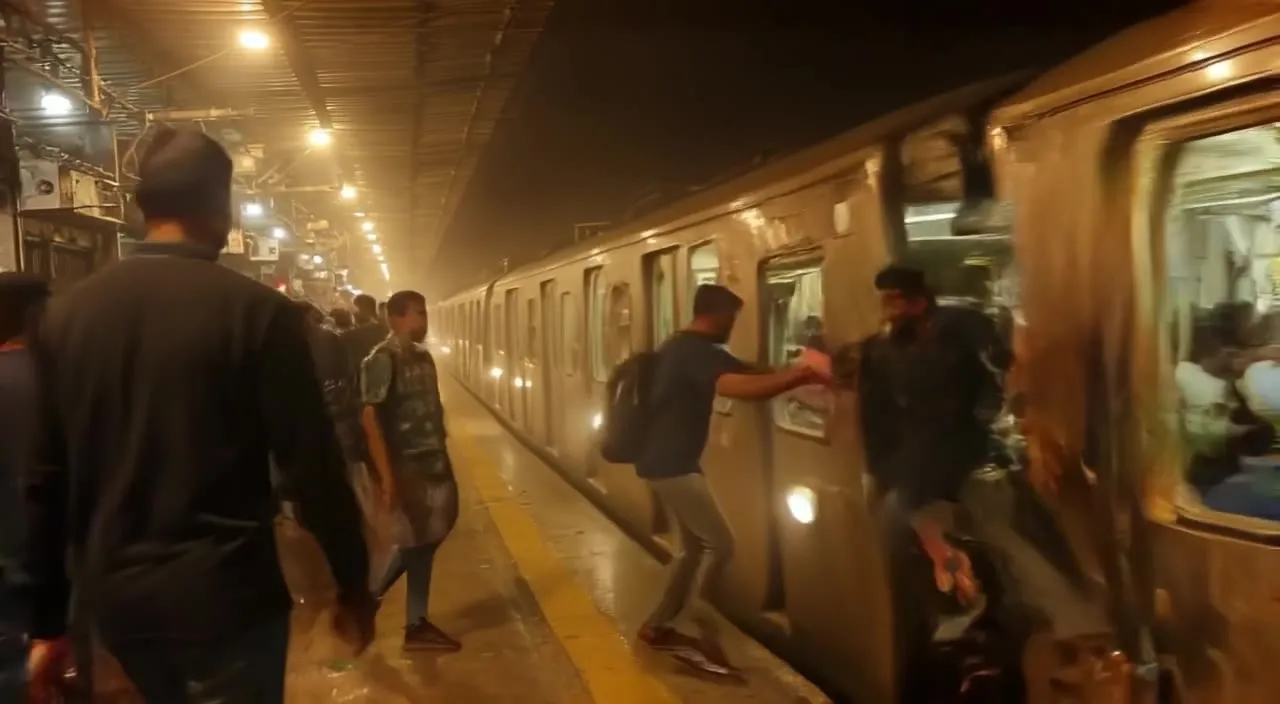 Evening rush on the platform as commuters crowd the doors of a local.