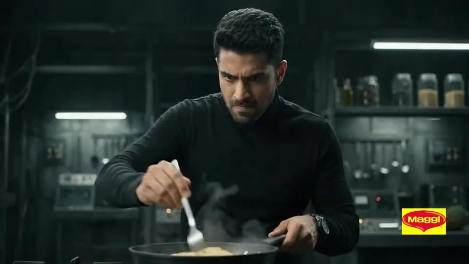 A man cooking Maggi noodles in a dark kitchen