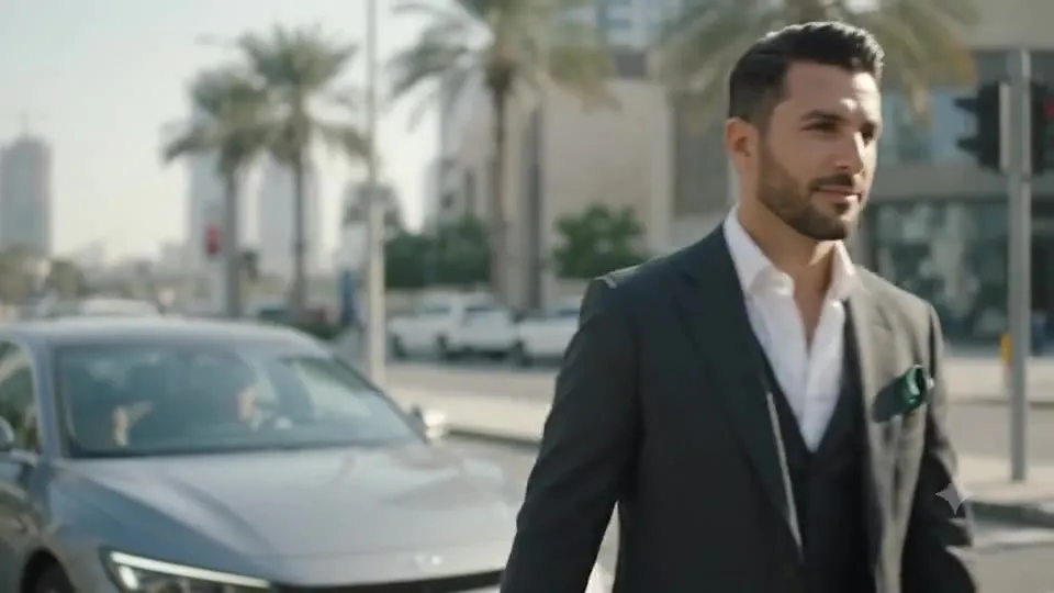 A man in a suit walking past a car in Dubai
