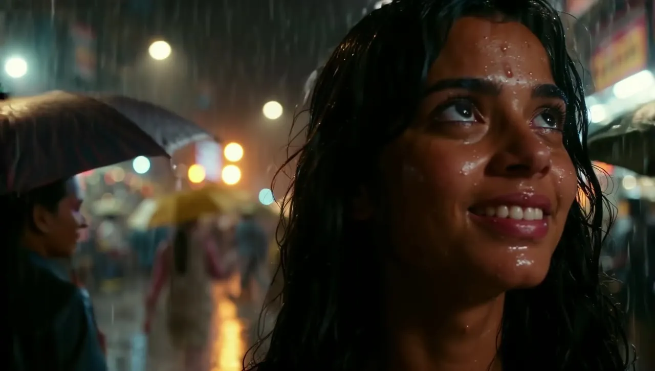 Monsoon night in Mumbai: rain on her face, umbrellas and shop lights behind.