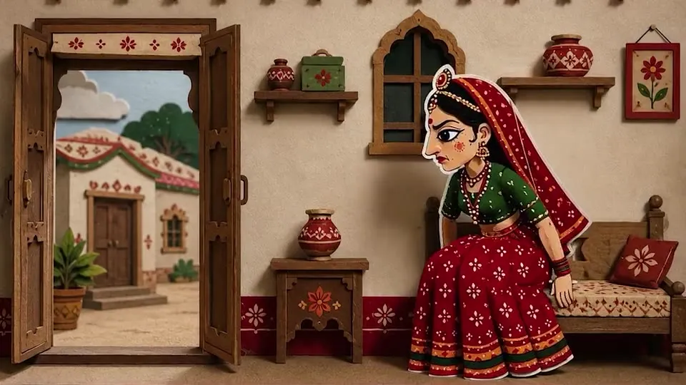 A bride in a Rajasthani diorama-style home