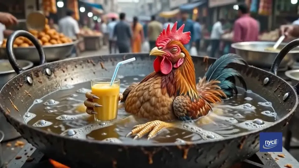 A rooster with a glass of juice in a frying pan