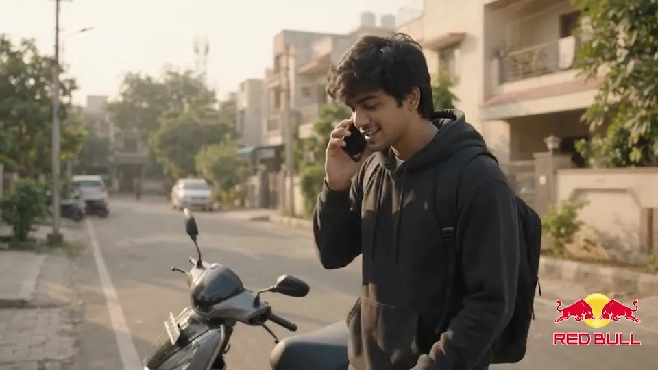 A young man on a phone call next to a scooter