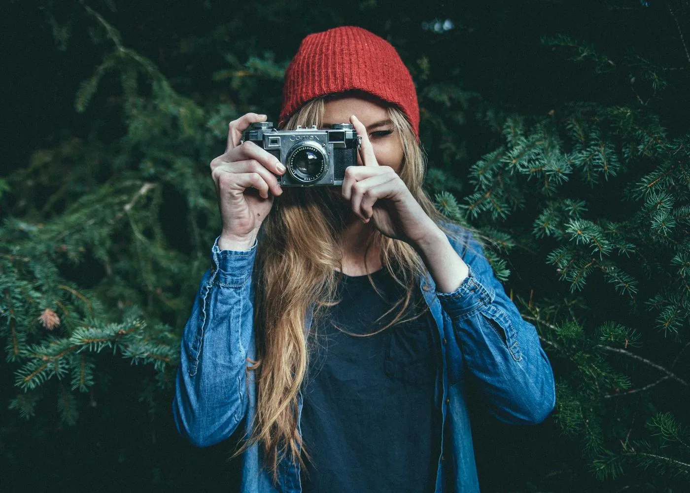 Photographer framing a shot in a forest