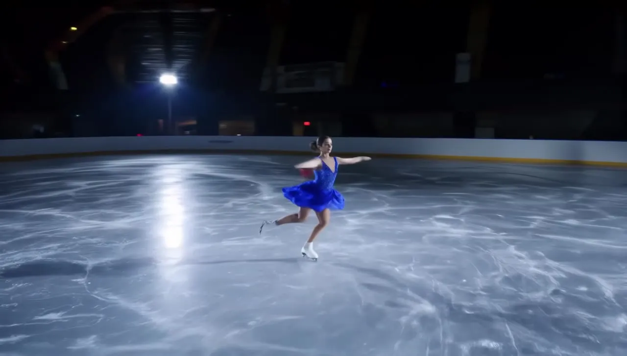A figure skater mid-spin on an empty rink.